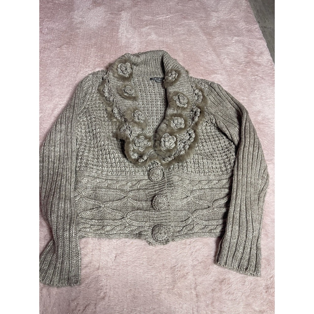 ROZ & ALI Faux Fur Trimmed Cardigan Sweater Jacket Sz L Large I0216